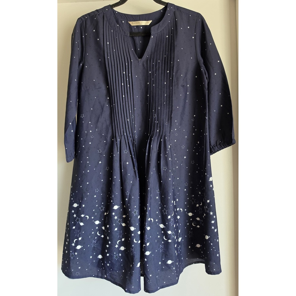 Wayward Fancies eShakti Mini Dress Navy Blue Celestial Long Sleeve Split Neck